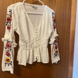 Panhandle Slim Cream Blouse with Red Floral Embroidery